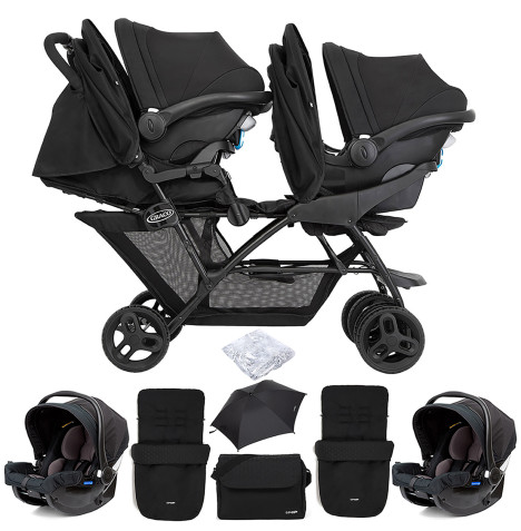 Graco Blaaze™ Stadium Duo Tandem Travel System with Front Apron, Raincover, 2 Footmuffs, Changing Bag, 2 Car Seats & Parasol - Night Sky