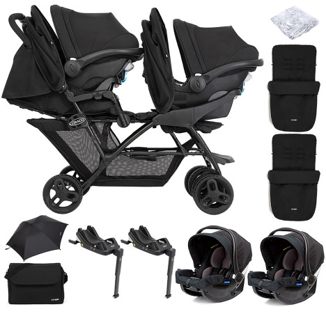 Graco Blaaze™ Stadium Duo Tandem Travel System with Front Apron, Raincover, 2 Footmuffs, Changing Bag, 2 Car Seats, 2 Bases & Parasol - Night Sky