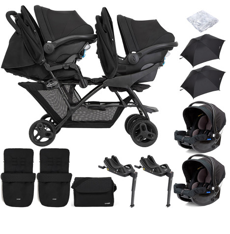 Graco Blaaze™ Stadium Duo Tandem Travel System with Front Apron, Raincover, 2 Footmuffs, Changing Bag, 2 Car Seats, 2 Bases & 2 Parasols - Night Sky