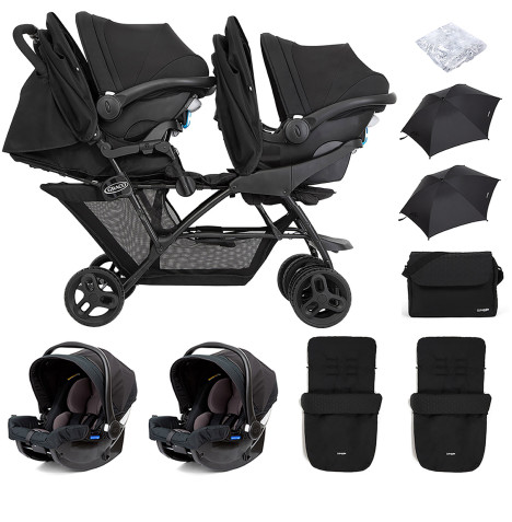 Graco Blaaze™ Stadium Duo Tandem Travel System with Front Apron, Raincover, 2 Footmuffs, Changing Bag, 2 Car Seats & 2 Parasols - Night Sky