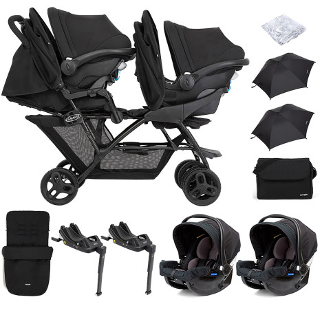 Graco Blaaze™ Stadium Duo Tandem Travel System with Front Apron, Raincover, Footmuff, Changing Bag, 2 Car Seats, 2 Bases & 2 Parasols - Night Sky