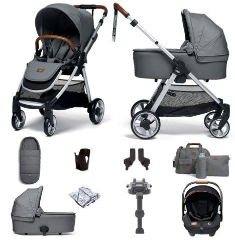 Mamas & Papas Flip XT2 Travel System with Carrycot, Accessories, i-Level Recline Car Seat & i-Base LX 2 - Fossil Grey