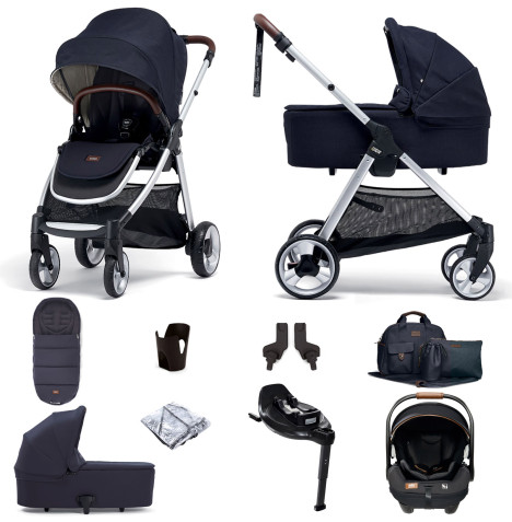 Mamas & Papas Flip XT2 Travel System with Carrycot, Accessories, i-Level Recline Car Seat & i-Base Encore - Navy