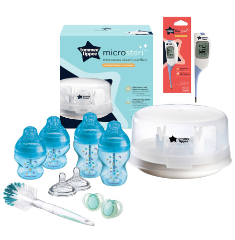 Tommee Tippee Closer to Nature Microwave Steam Steriliser, Bottle Set & Thermometer - White & Blue
