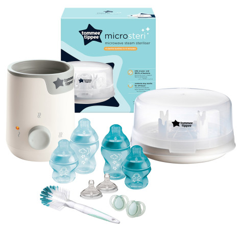 Tommee Tippee Easiwarm Electric Baby Bottle Warmer, Microwave Steam Steriliser & Anti-Colic Bottle Set - White & Blue
