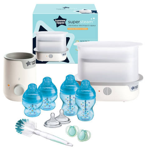 Tommee Tippee Super-Steam Advanced Electric Steriliser, Bottle Warmer & Closer to Nature Baby Bottle Set - White/Blue