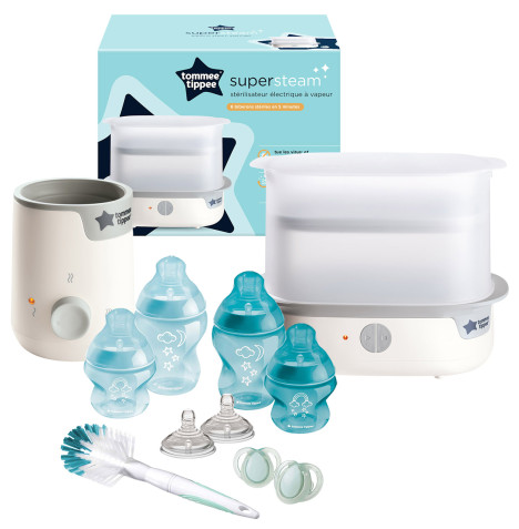 Tommee Tippee Super-Steam Advanced Electric Steriliser, Bottle Warmer & Closer to Nature Baby Bottle Set - White/Clear/Blue