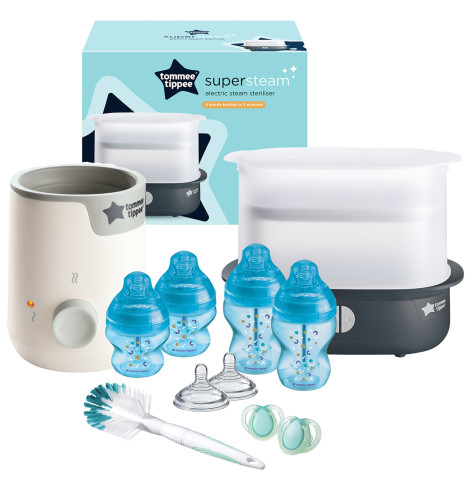 Tommee Tippee Super-Steam Advanced Electric Steriliser, Bottle Warmer & Closer to Nature Baby Bottle Set - Black/Blue