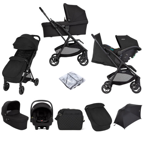 Graco Arris Trio Myavo Travel System with Footmuff, Carrycot, Changing Bag, Parasol & Adapters - Night Sky