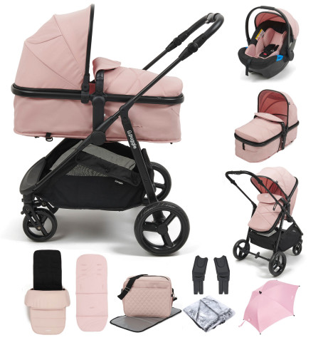 Puggle Monaco XT 2in1 Pushchair Travel System with Footmuff, Changing Bag & Parasol - Blush Pink