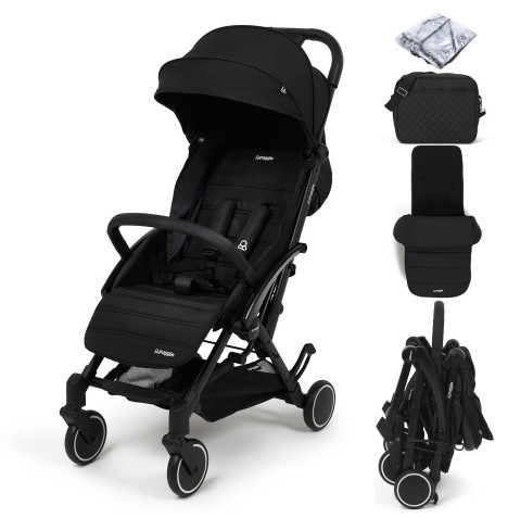 Puggle Seattle Fold & Go Compact Pushchair & Raincover With Monaco Footmuff & Changing Bag - Midnight Black