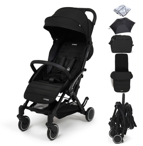 Puggle Seattle Fold & Go Compact Pushchair & Raincover With Monaco Footmuff, Changing Bag & Parasol - Midnight Black