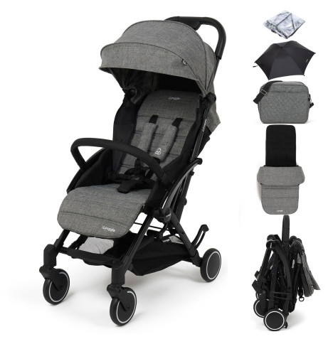 Puggle Seattle Fold & Go Compact Pushchair & Raincover With Monaco Footmuff, Changing Bag & Parasol - Graphite Grey