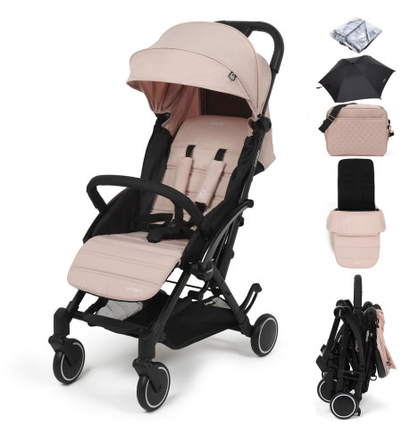 Puggle Seattle Fold & Go Compact Pushchair & Raincover With Monaco Footmuff, Changing Bag & Parasol - Blush Pink