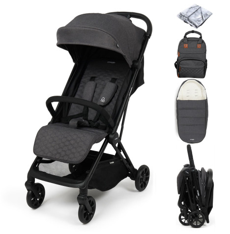 Puggle Escape Auto Quickfold Compact Pushchair With Raincover, Memphis Footmuff & Changing Bag - Platinum Grey