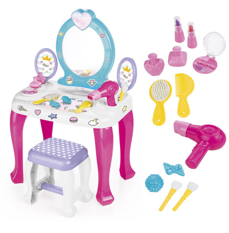 Unicorn Vanity Table Set With Mirror, Stool & 12 Accessories - Pink & White (3 - 6 Years)