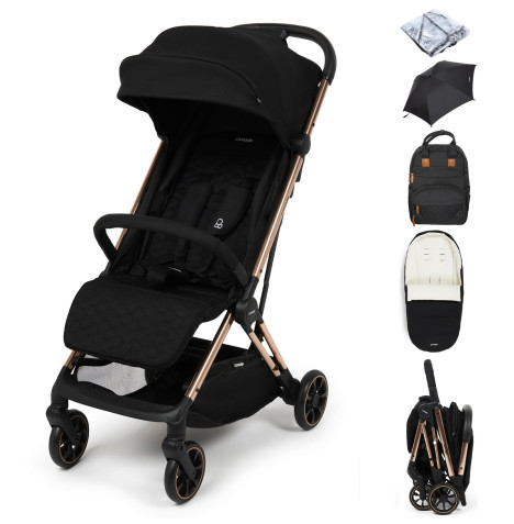 Puggle Escape Auto Quickfold Luxe Special Edition Compact Pushchair With Raincover, Memphis Footmuff, Changing Bag & Parasol - Midnight Black