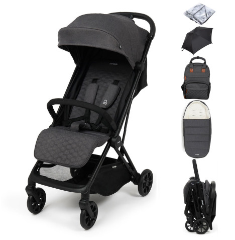 Puggle Escape Auto Quickfold Compact Pushchair With Raincover, Memphis Footmuff, Changing Bag & Parasol - Graphite Grey
