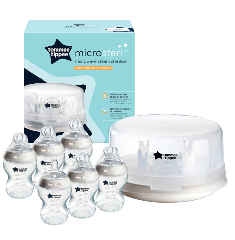 Tommee Tippee Closer to Nature Microwave Steam Steriliser & Baby Bottles x 6 (260ml) - White