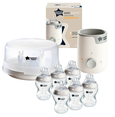 Tommee Tippee Easiwarm Baby Bottle Warmer, Microwave Steam Steriliser & Baby Bottles x 6 (260ml) - White