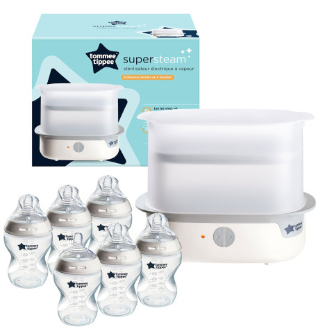 Tommee Tippee Super-Steam Advanced Electric Steriliser with 6 Anti-Colic Bottles - White/Clear