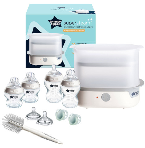 Tommee Tippee Super-Steam Advanced Electric Steriliser & Closer to Nature Baby Bottle Set - White/Clear