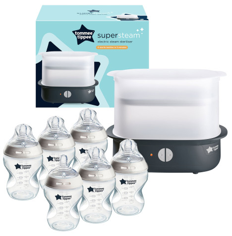 Tommee Tippee Super-Steam Advanced Electric Steriliser with 6 Anti-Colic Bottles - Black & Clear