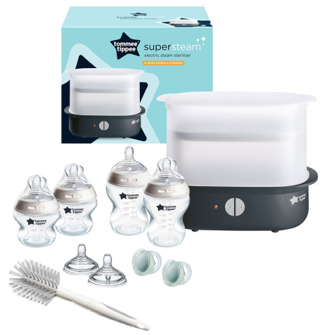Tommee Tippee Super-Steam Advanced Electric Steriliser & Closer To Nature Starter Kit - Black/Clear