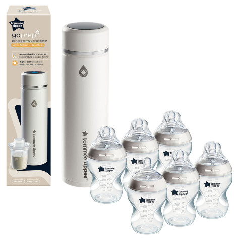 Tommee Tippee GoPrep Portable Formula Feed Maker & Closer to Nature 6 Pack Baby Bottles - White