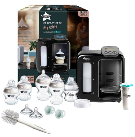 Tommee Tippee Perfect Prep Day & Night Machine Instant Baby Bottle Maker With Baby Bottle Set - Black/Clear